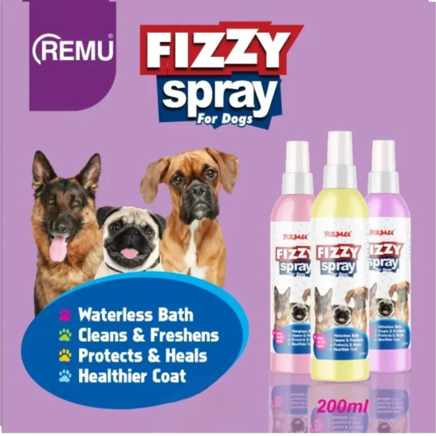 Remu Fizzy Spray For Dogs – Waterless Bath 200ml